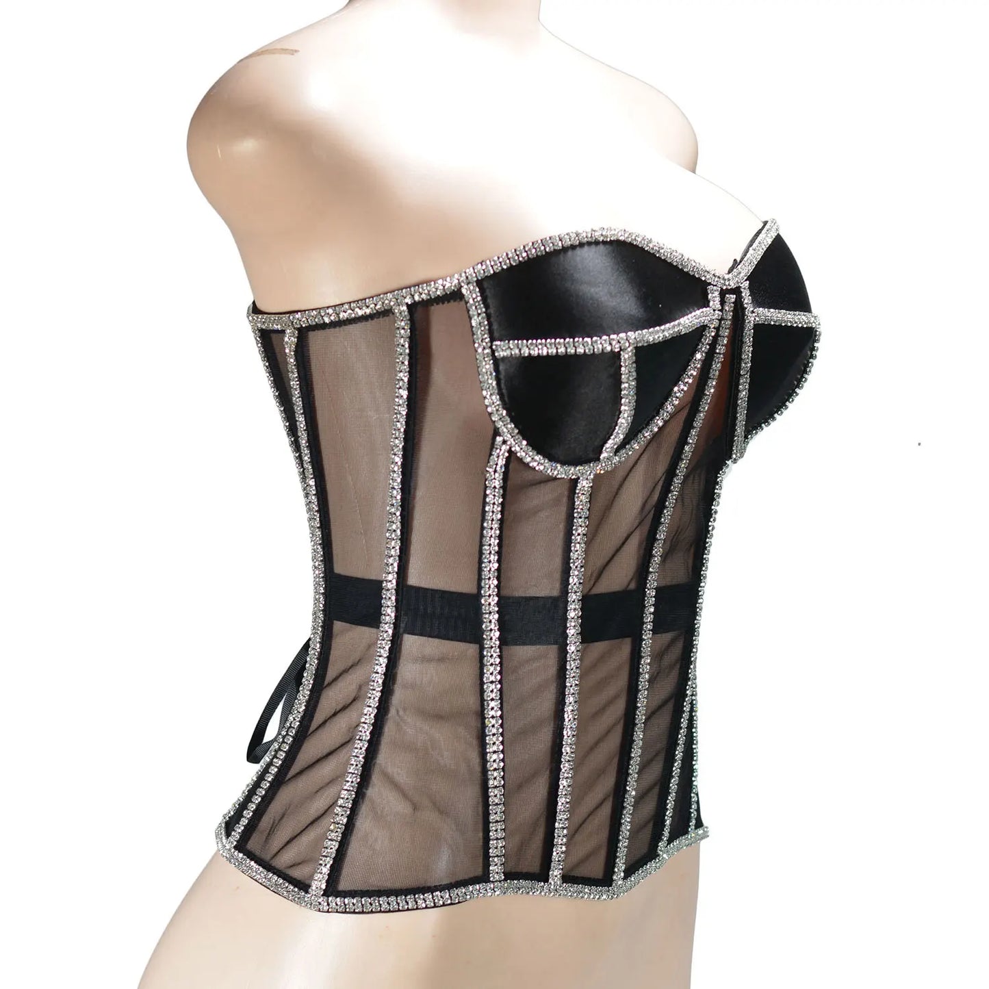 Women Abdomen Corset Crops with Bra Shiny Rhinestone Transparent Breathable Mesh Hand Made Bodices Push Up Bustiers Custom Made