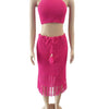 CM.YAYA Beach Knit See Though Women Two 2 Piece Set Outfits Halter Neck Crop Top and Tassel Midi Skirt Suit 2023 New Dress Set