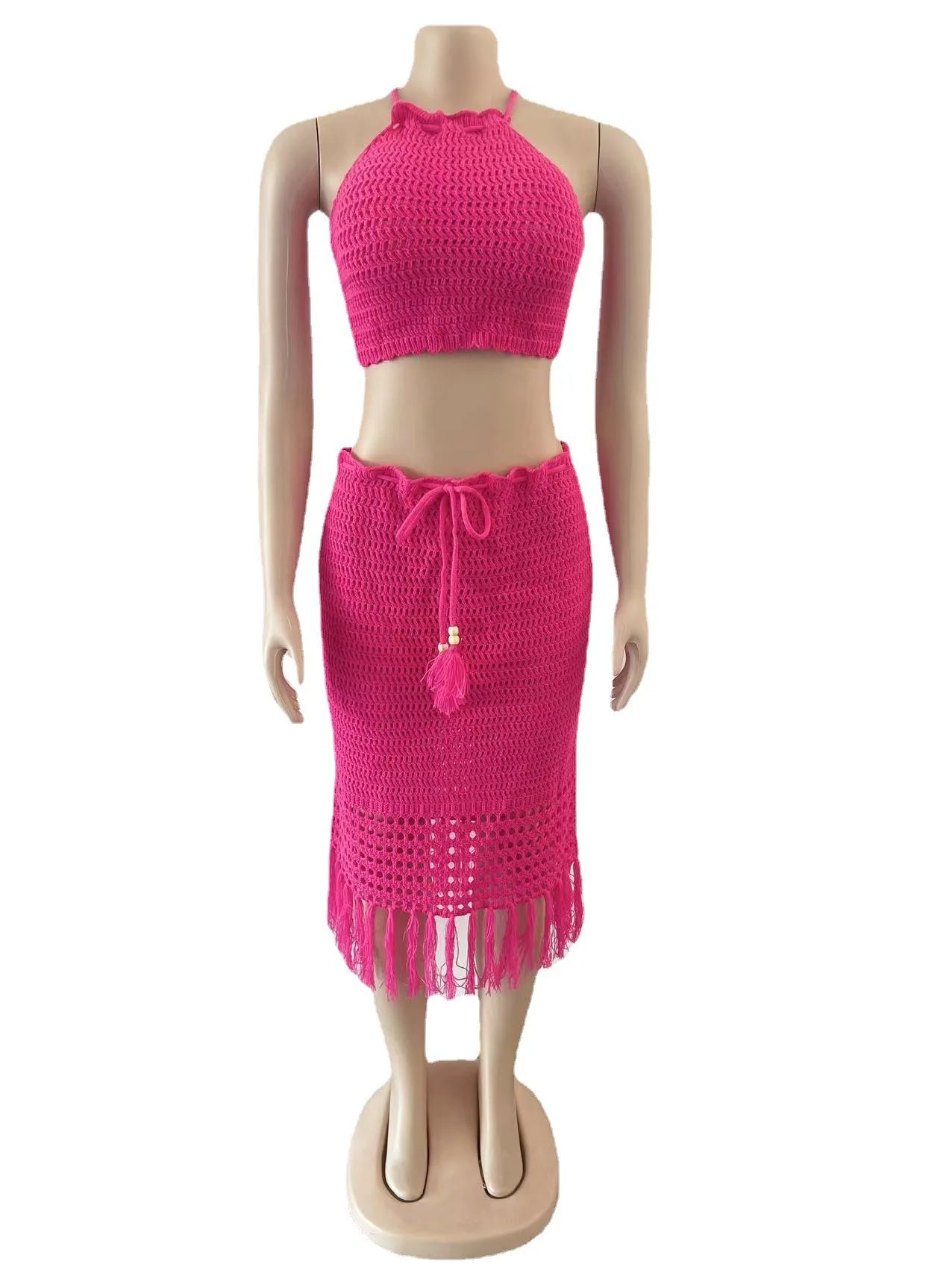 CM.YAYA Beach Knit See Though Women Two 2 Piece Set Outfits Halter Neck Crop Top and Tassel Midi Skirt Suit 2023 New Dress Set