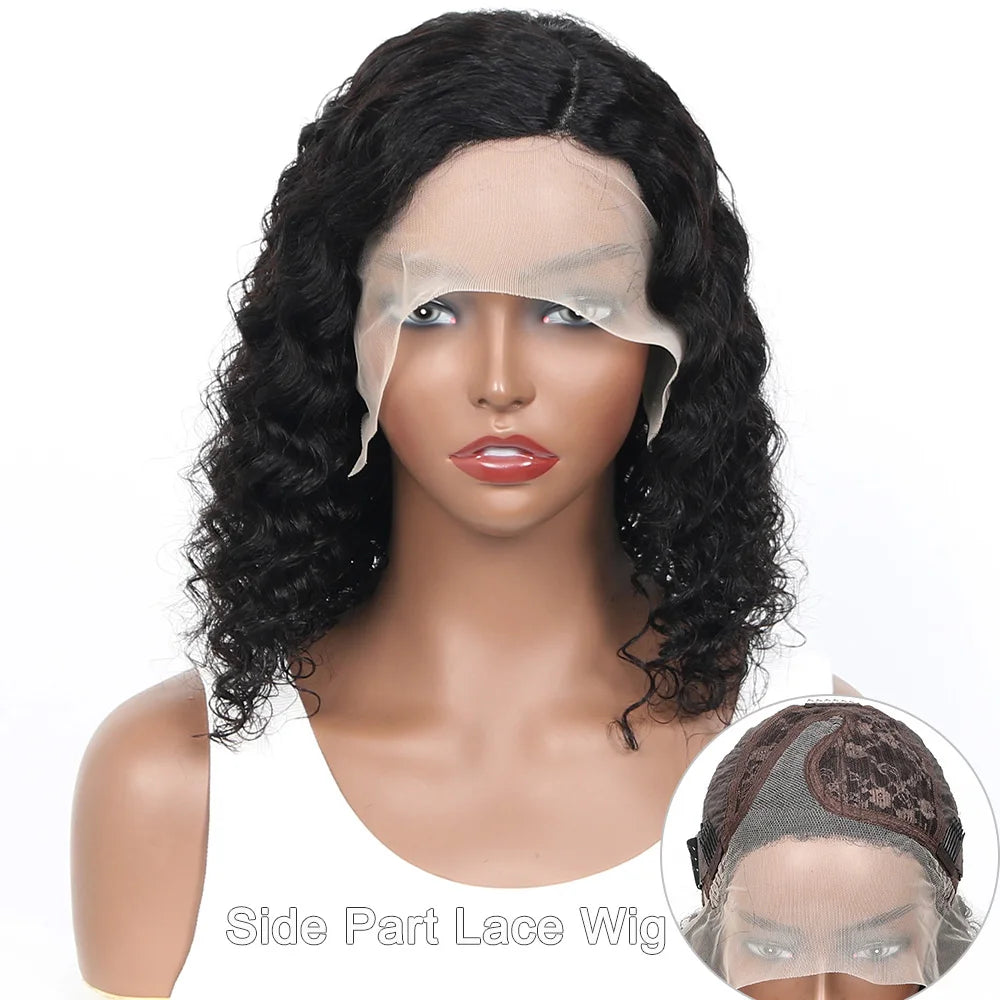 Deep Curly Short Bob Wig Human Hair 180 Density 13x4 Lace Front Wigs for Women Pre Plucked Deep Wave T Lace Wigs Natural Black