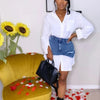Denim 2 Piece Sets Women Shirt Skirt Suit Hole Single Breasted Turn Down Collar Pocket Splicing Outfits 2025 Skirts Ensemble