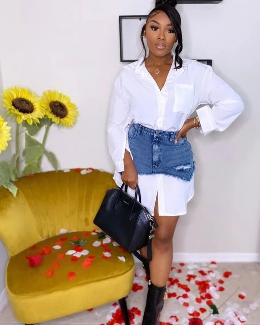Denim 2 Piece Sets Women Shirt Skirt Suit Hole Single Breasted Turn Down Collar Pocket Splicing Outfits 2025 Skirts Ensemble