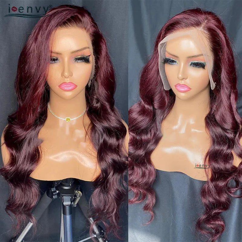 13X4 HD Transparente Lace Front Perücken Burgunderrote Echthaarperücken Vorgezupft 30 Zoll Body Wave Lace Front Perücken für Frauen Gelockt