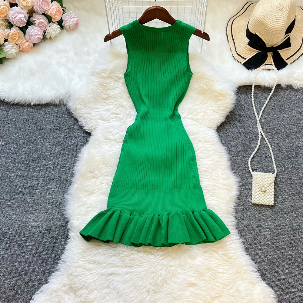 YuooMuoo Chic Fashion Sexy Package Hips Ruffled Mini Dress Women Summer Slim Elastic Knitted Party Dress Streetwear Lady Outfits