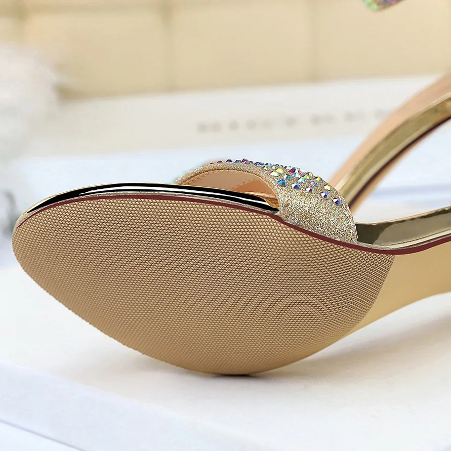 Damen Sommer Sandalen 8.5cm High Heels Strass Kristall Mittelhohe Absätze Knöchelriemchen Sandalen Damen Hochzeit Event Party Goldene Schuhe