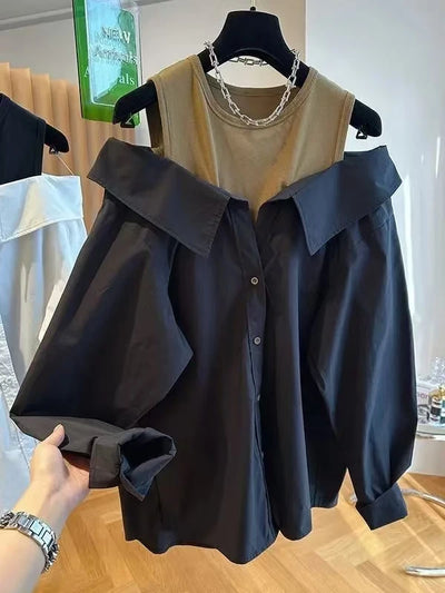 Neue schulterfreie Blusen Damen, schmal und locker geschnittenes Tanktop, gespleißte Langarmshirts, herbstliche Rundhals-Mode-Shirts Damenoberteil