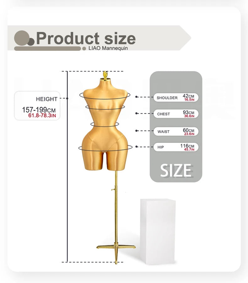 New gold plentiful female mannequins Plus size butt Dress skirt Clothing display pin able Adjustable base
