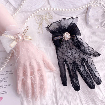 Mädchen Lolita Mesh Schleife Blumen Spitzenhandschuhe Schwarz Weiß Spitzenhandschuhe Lolita Spitzenärmel Cosplay Schmuck