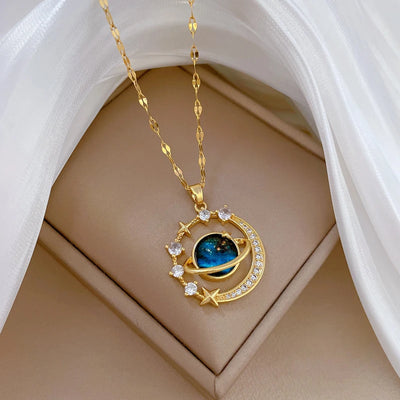 Stainless Steel Zircon Planet Star Pendant Necklace For Women Elegant Aesthetic Clavicle Chain Necklace Jewelry Party Gift
