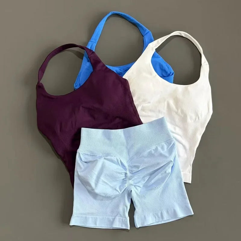 2 Pieces Sports Set Women Backless Halter Tops High Waist Seamless Hight Stretch Shorts Gym Suit Sportswear Workout Sets