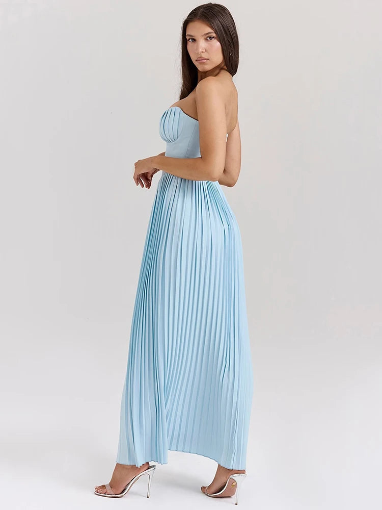 Mozision schulterfreies, rückenfreies, plissiertes Maxikleid für Damen, modisch, trägerlos, ärmellos, hohe Taille, eng anliegend, sexy, langes Kleid