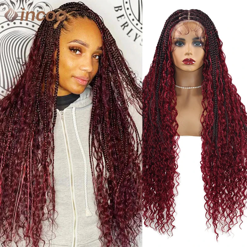Boho Box Braided Wigs, gelocktes Kunsthaar, volle Lace-Front-Perücken für schwarze Frauen, Goddess Locs Braid Wig, Bohemian Box Braid Wig