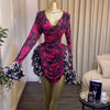 CM.YAYA Women Tie Dye Print Cascading Ruffles Bell Long Sleeve Bodycon Ruched Draped V-neck Dress Vacation Beach Holiday Dresses