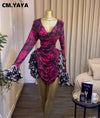 CM.YAYA Women Tie Dye Print Cascading Ruffles Bell Long Sleeve Bodycon Ruched Draped V-neck Dress Vacation Beach Holiday Dresses