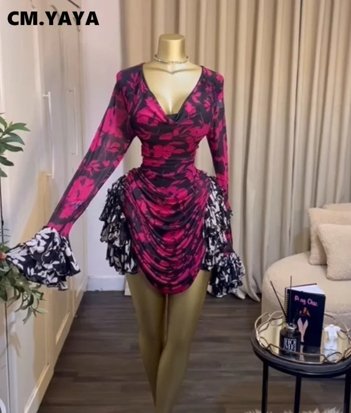 CM.YAYA Women Tie Dye Print Cascading Ruffles Bell Long Sleeve Bodycon Ruched Draped V-neck Dress Vacation Beach Holiday Dresses