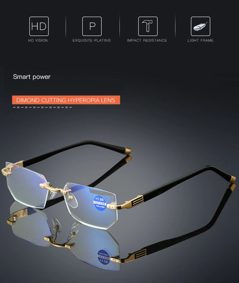 Men Blue Light Blocking Reading Glasses Women Dimond Cutting Rimless Eyeglasses Frame Anti Fatigue Hyperopia Presbyopic Eyewear