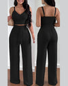 Women Fashion Print Halter V-Neck Short Tank Suit Tops Long Pants Matching Set Summer Casual Female Slim Pants Two Piece Sets