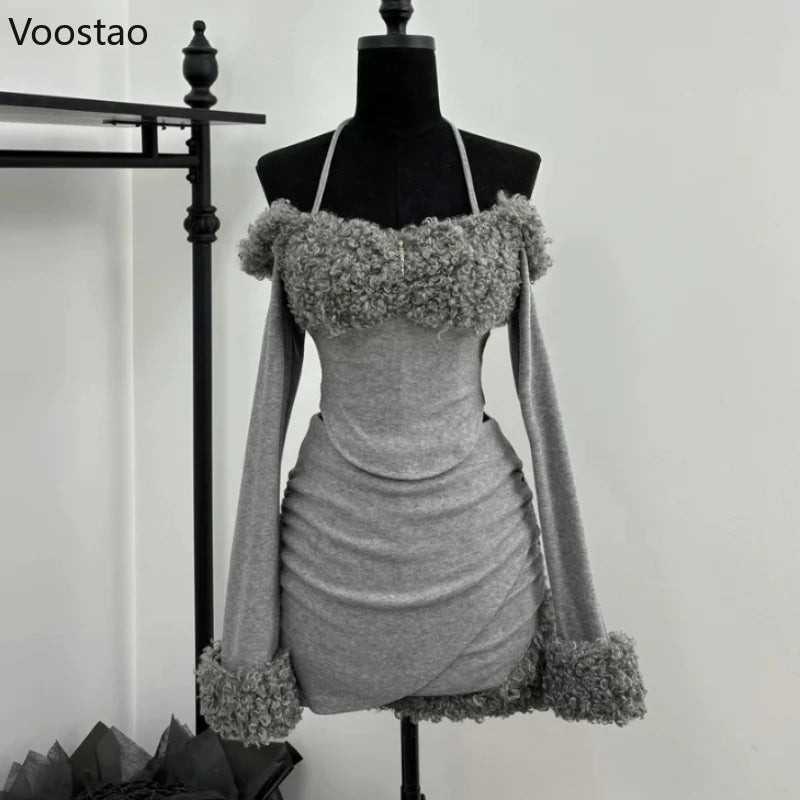 Süß Sexy Unregelmäßig 2-teiliges Set Damen Chic Plüsch Patchwork Slim Tops Minirock Anzug Koreanischer Y2k Ästhetik Lolita Stil Outfits