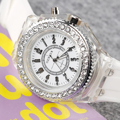Leuchtende Quarzuhr für Damen, Persönlichkeit, Strass, LED, Mode, Genf, männliche und weibliche Studenten, Paar, Gelee-Armbanduhren