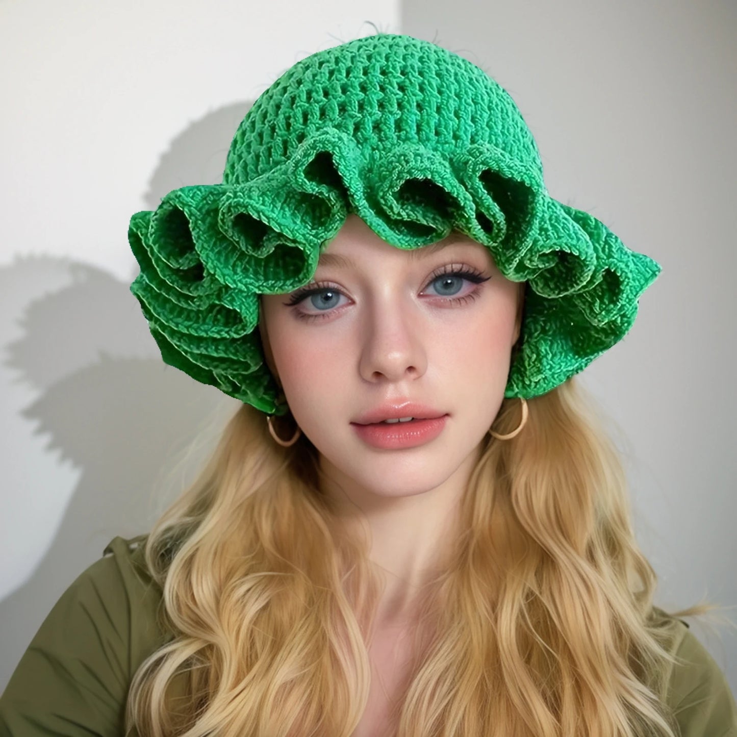 Handgestrickte Mütze mit plissierten Rüschenkanten und Spitze für Damen und Herren, originelle und kreative Mütze für Erwachsene