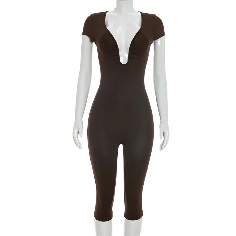 Solid Color Sexy Slim Fit and Slimming Chest U-Neck Jumpsuit, Versatile and Fashionable Jumpsuit Cropped Pants