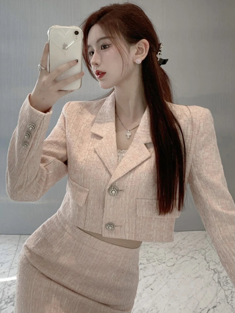 Elegant Fashion Pink Tweed Suit Women's Autumn 2023 Y2k High Quality Blazer Coat+Bag Hip Skirt Commuting Two-Piece Set