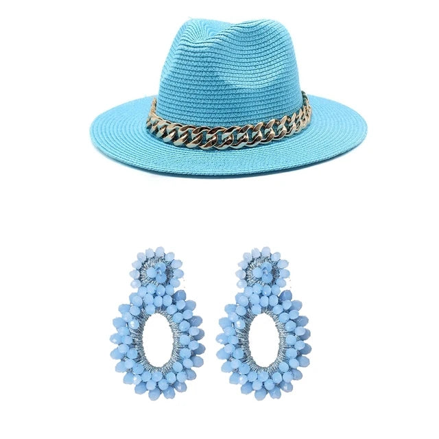 Set Straw Hat and Bag Set Gold Chain Bag Hat Set Ladies Leather Bag Tote Church Fedora Party Jazz Straw Hat