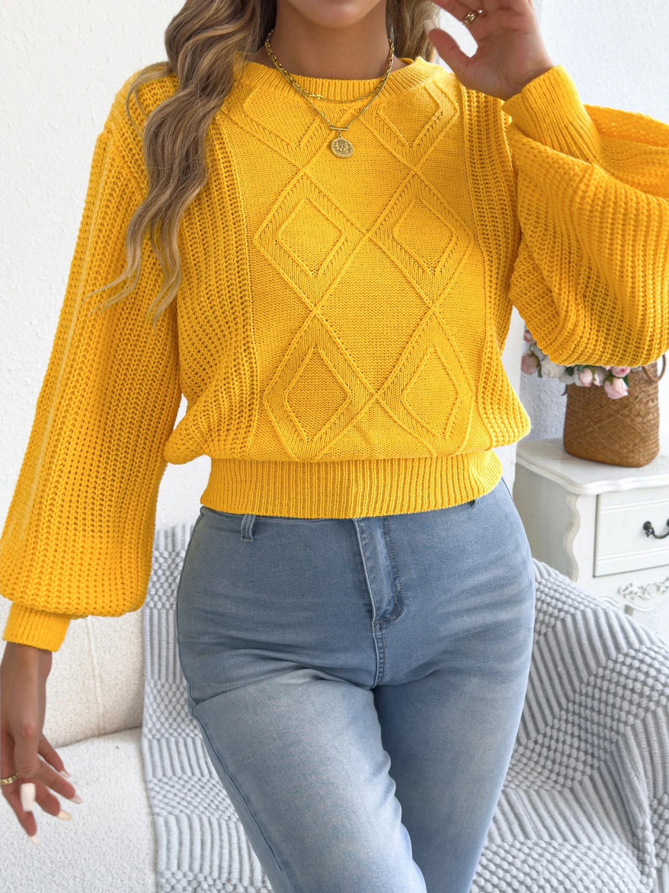 Women's Solid Color Round Neck Lantern Long Sleeve Knitted Sweaters for 2026 Autumn Winter Woman Clothes Yellow Red Khaki Tops