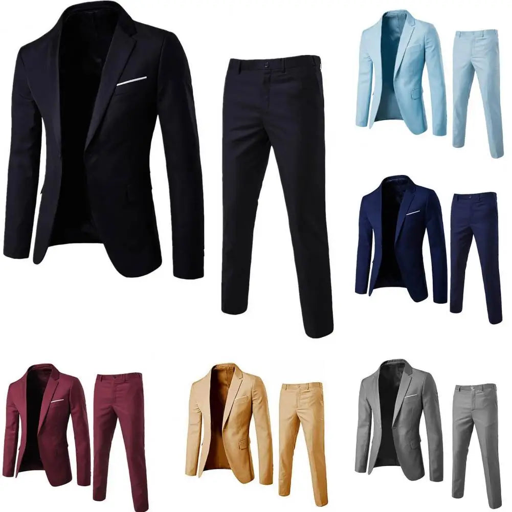 1 Set Stylish Formal Suit Temperament Men Pants Turndown Collar Pure Color One Button Suit Set Daily Wear