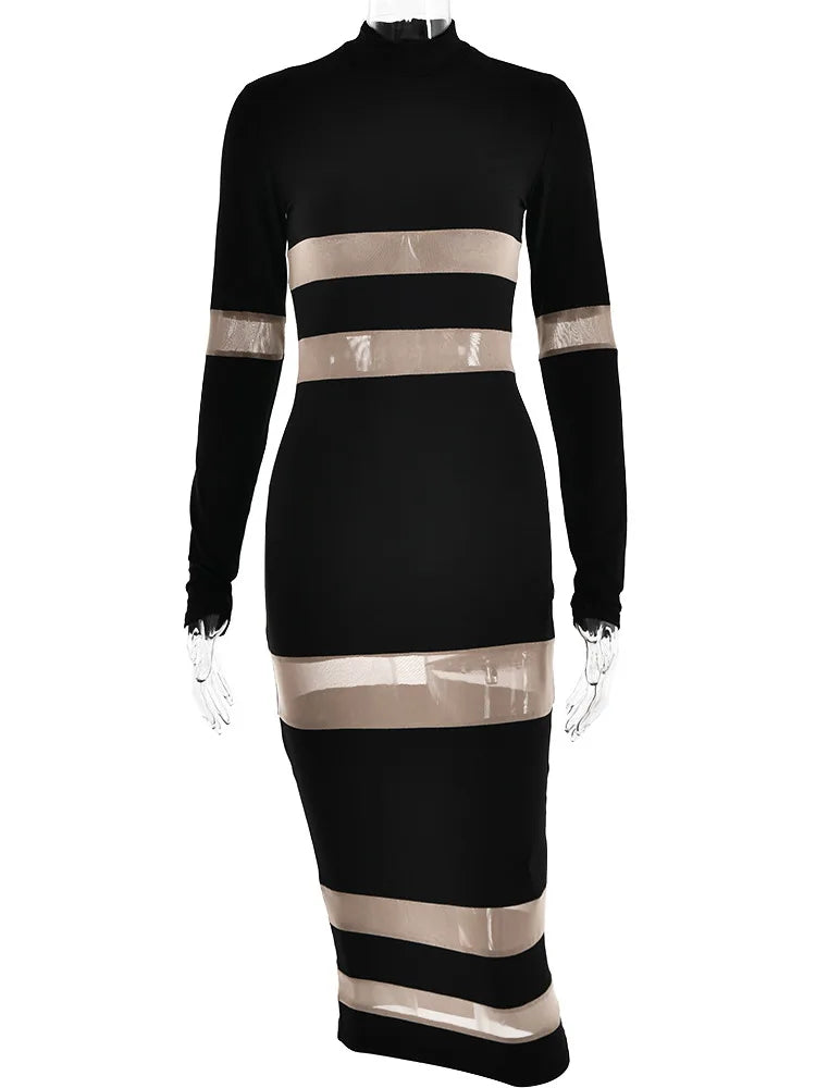 Articat Mesh Patchwork Perspective Long Sleeve Dress For Women's Tight Fit Midi Female Dress Fashion Street Party Club Vestidos