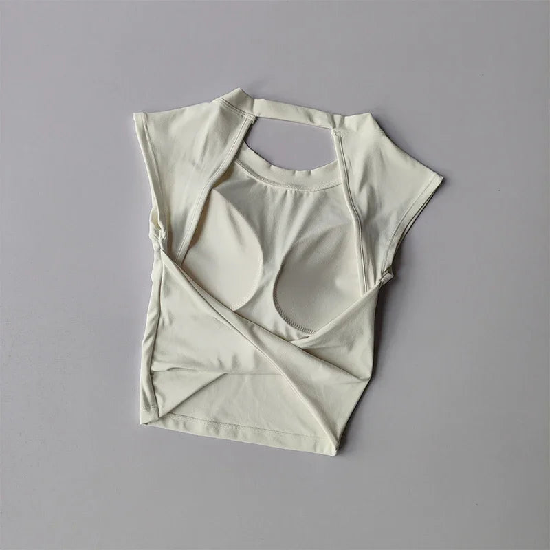 Sexy Kurzes Rückenfreies Sport-T-Shirt mit festem Brustpolster Damen Eng Anliegendes Schnell Trocknendes Schlankmachendes Yoga-Top