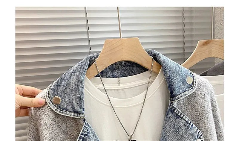 2023 New Autumn Winter Women Splicing Denim Jacket Women Long Sleeve Jean Jackets Female Loose Sweater Cardigan Jacket