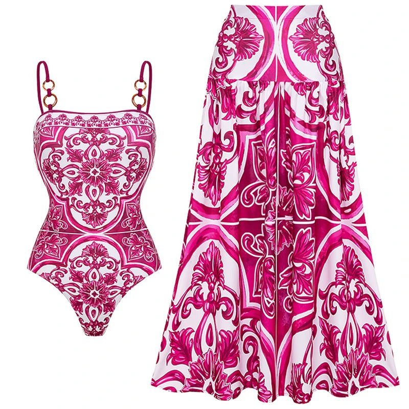 Flaxmaker Long Sleeves Majolica Series Pattern Print One Piece Swimsuit Biquini Beachwear Women Sexy Bikini Sets Swimsuit