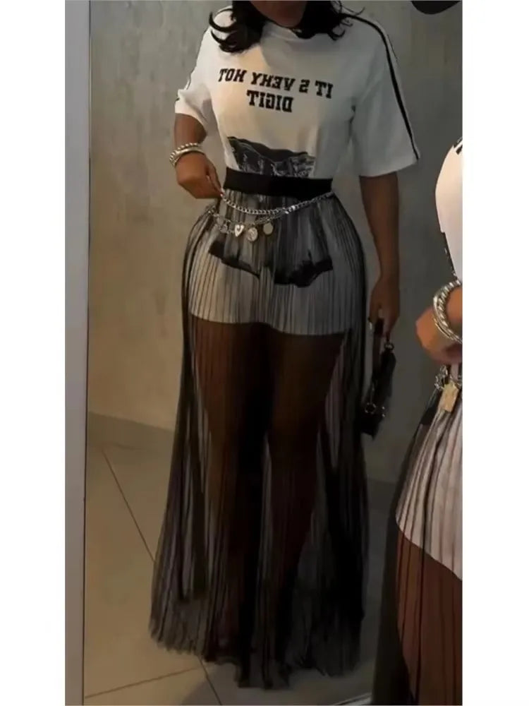 Summer Women's O Neck Print Long T-shirt + Mesh Skirt Fashion Casual Two-piece Set Elegant Women Clothes 2 Pieces Set For Woman