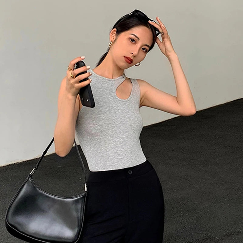 Casual white cut t shirt women round neck sleeveless korean slim t shirts women clothing 2023 summer fashion
