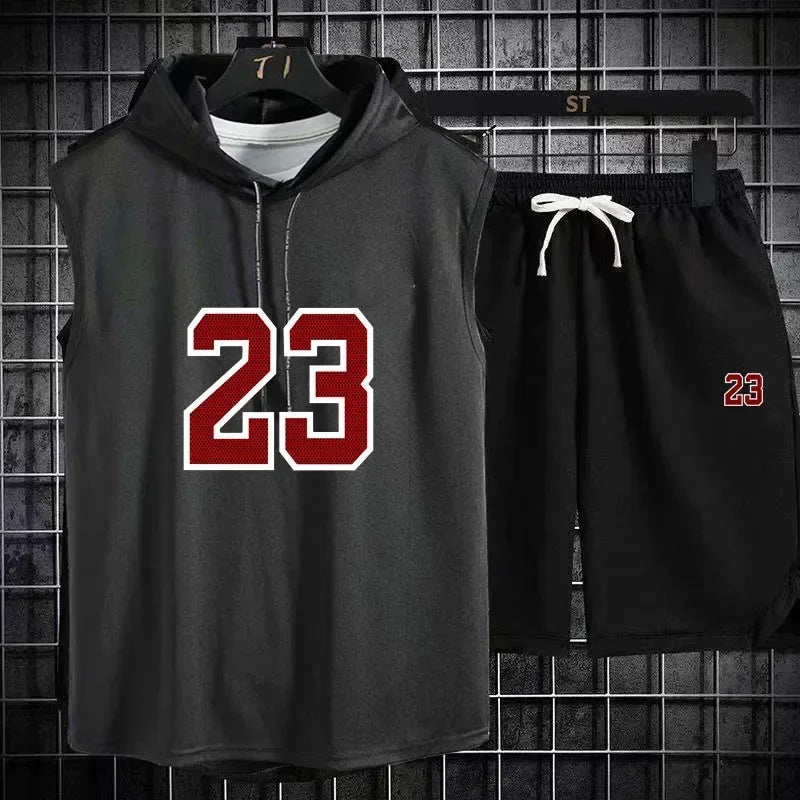 Summer New Men's Sleeveless Hooded T-shirt+shorts pants Sports two-piece set gym  Fashion  Casual Men Women Sports Two Piece Set