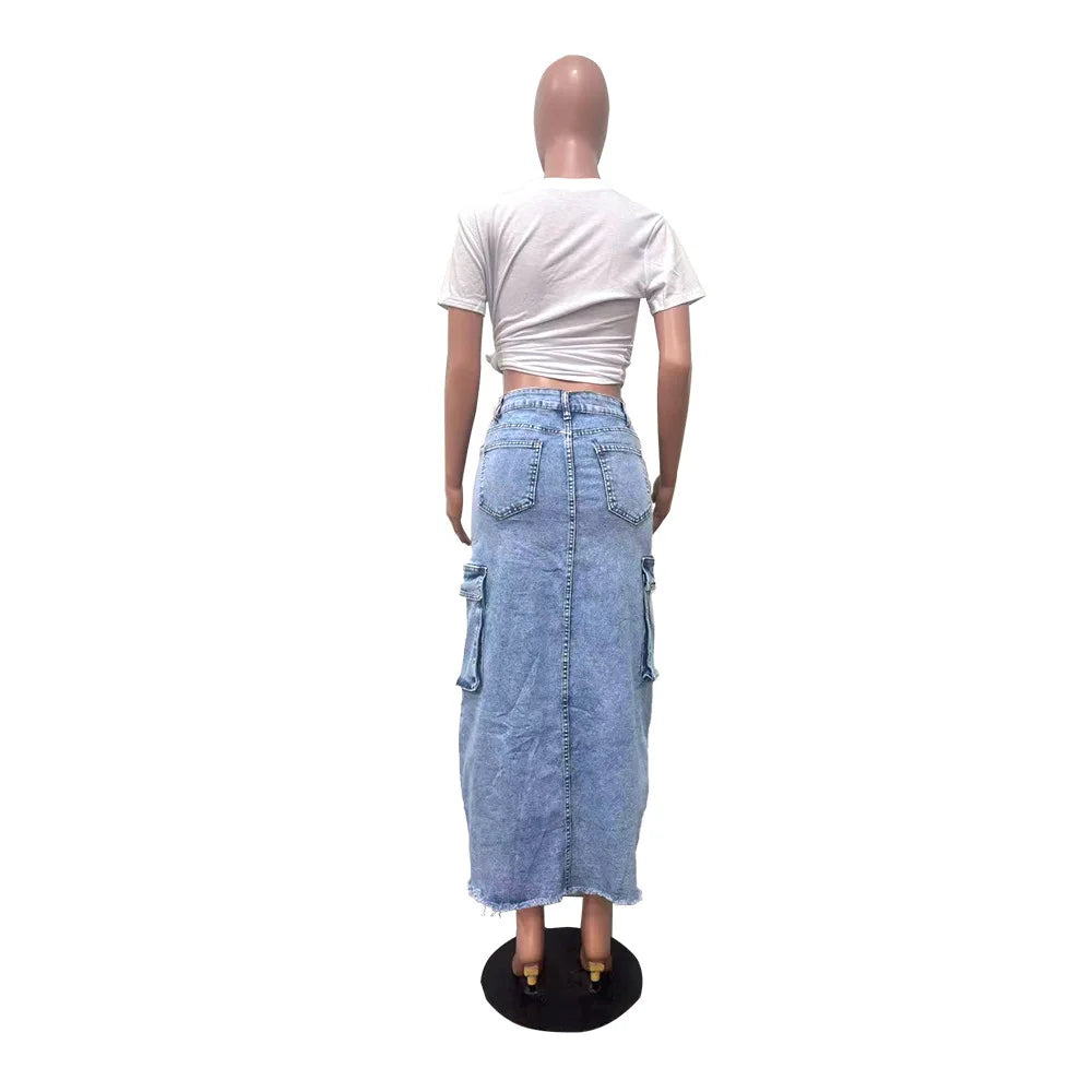 Mid Length Skirts Women Denim Skirt Hole Pockets A Line Slit Slim Y2k Streetwear Elegant Splice Y2k High Waist Summer 2025