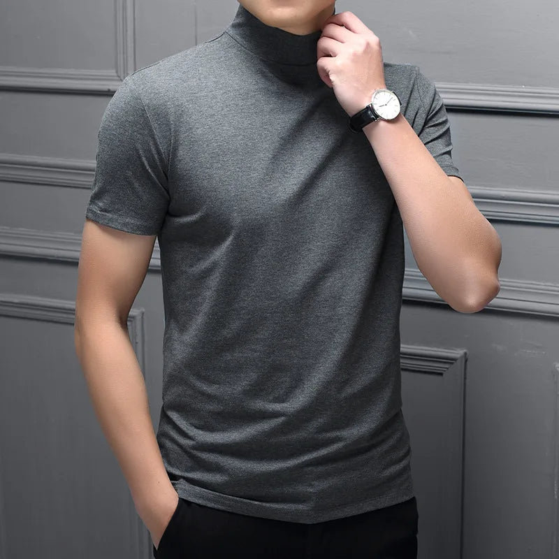 2022 Trend Summer Men Half high Collar Mercerized Cotton Short Sleeve Slim Body T-Shirt Men Solid Color Modale High Collar