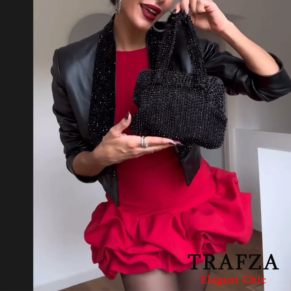 TRAFZA Sexy Solid White Flower Bud Tierred Red Mini Dress Safety Pants Women Dress New 2025 Spring Autumn Fashion Party Dress