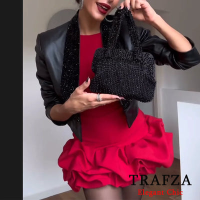 TRAFZA Sexy Solid White Flower Bud Tierred Red Mini Dress Safety Pants Women Dress New 2025 Spring Autumn Fashion Party Dress