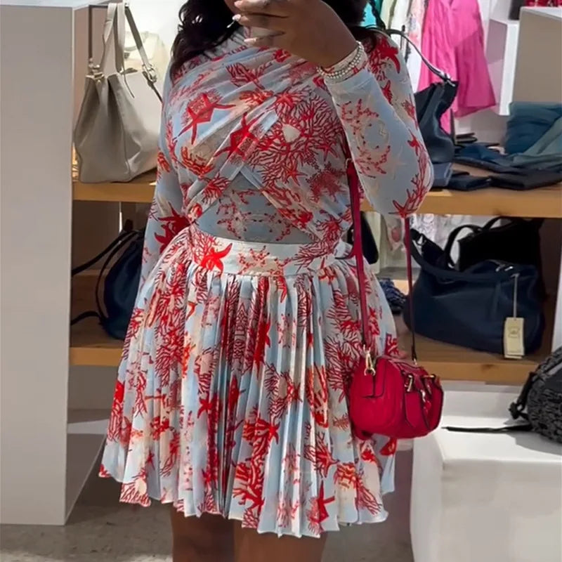 Women Two Piece Sets Shorts Skirt Set Full Sleeve Print Top Short Skirts A Line Pleated High Waist Y2k Streetwear Elegant Autumn