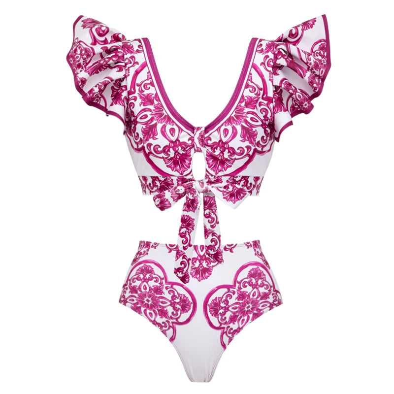Flaxmaker Long Sleeves Majolica Series Pattern Print One Piece Swimsuit Biquini Beachwear Women Sexy Bikini Sets Swimsuit