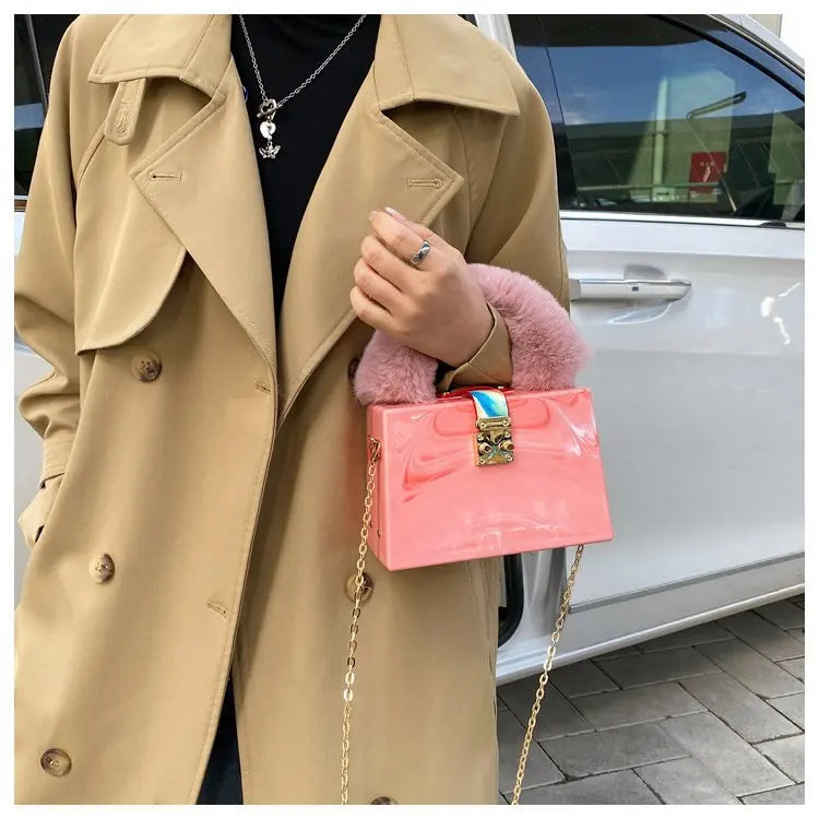 Faux Fur Top Handle Acrylic Party Box Clutch Fashion Purses and Handbags for Women Designer Evening Bag Chain Shoulder Bag
