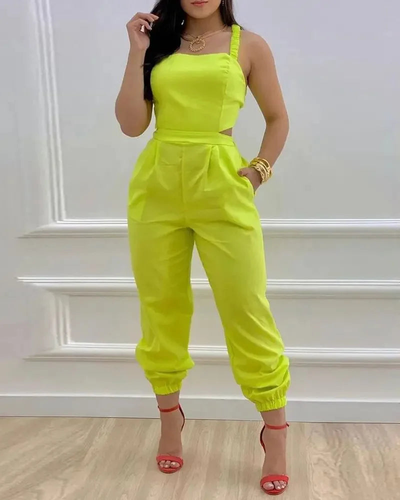 Eleganter Damen Overall 2024 Sommer Mode Träger Hohl Sexy Off-Taille Bedruckter Jumpsuit