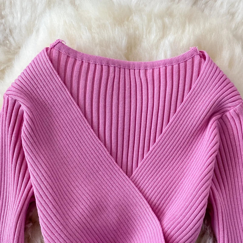 YuooMuoo Autumn Winter 2025 Women Dress Elegant Cross V-neck Slim Waist Knitted Bodycon Dress Korean Office Lady Vestidos