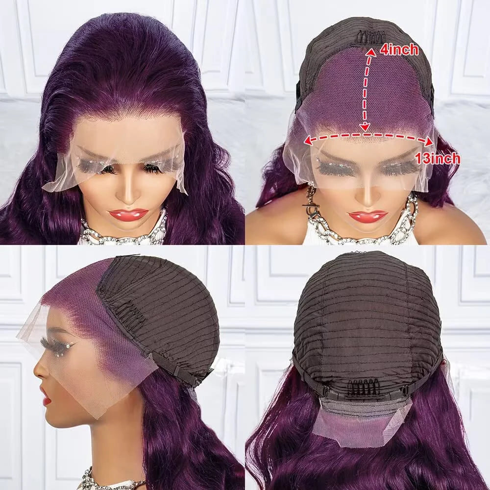 Dark Purple Body Wave Lace Front Wigs Synthetic Deep Burgundy 13x4 Lace Front Wigs Grape Purple Glueless Wigs 180% Density Women