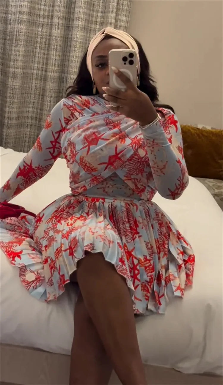Women Two Piece Sets Shorts Skirt Set Full Sleeve Print Top Short Skirts A Line Pleated High Waist Y2k Streetwear Elegant Autumn