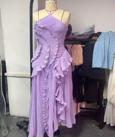 Chic pleated halter neck long vacation dress high quality purple strapless Lotus Edge Maxi Dress 2026 New Lady Vacation Gowns