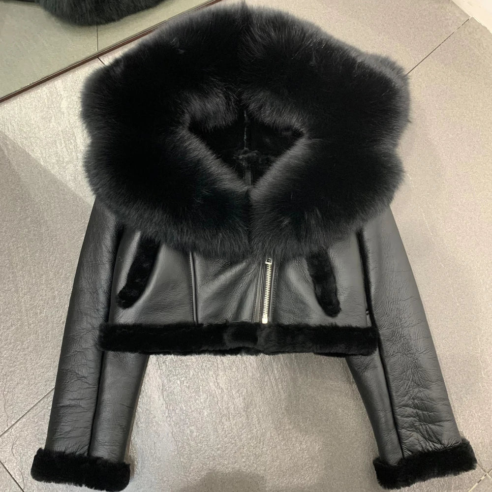 21-25Shearling Jacket women's shearling Cloth With Big Fur Collar and Hooded