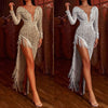 Prom Dresses Women Luxury Long Sleeve Beading Sexy Bodycon Long Dress Irregular Tassels Sequined Evening Party Dress Clubwear